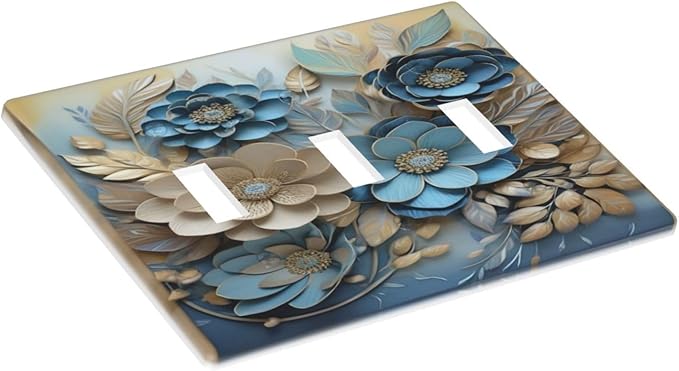 Decorative Art Light Switch Covers Blue and Creamy Floral 3 Gang Triple Toggle Wall Plate Decorative Switch plate Electrical Faceplate for Home Decor