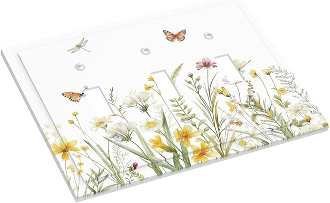 Colorful Wildflowers Dragonfly Butterfly Floral Decorative Switch Plates 3 Gang Wall Plate Triple Toggle Light Switch Cover Faceplate Electrical Wall Panels for Bedroom Living Room Decor