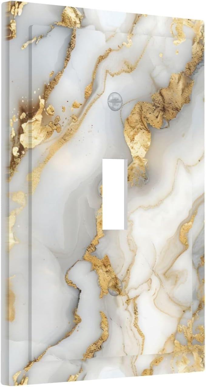 Luxurious White Gold Marble Patterns Abstract Decorative Light Switch Cover 1 Gang Single Toggle Device Electrical Faceplate Switchplates Decorator Outlet Wall Plate for Bathroom Kitchen Decor