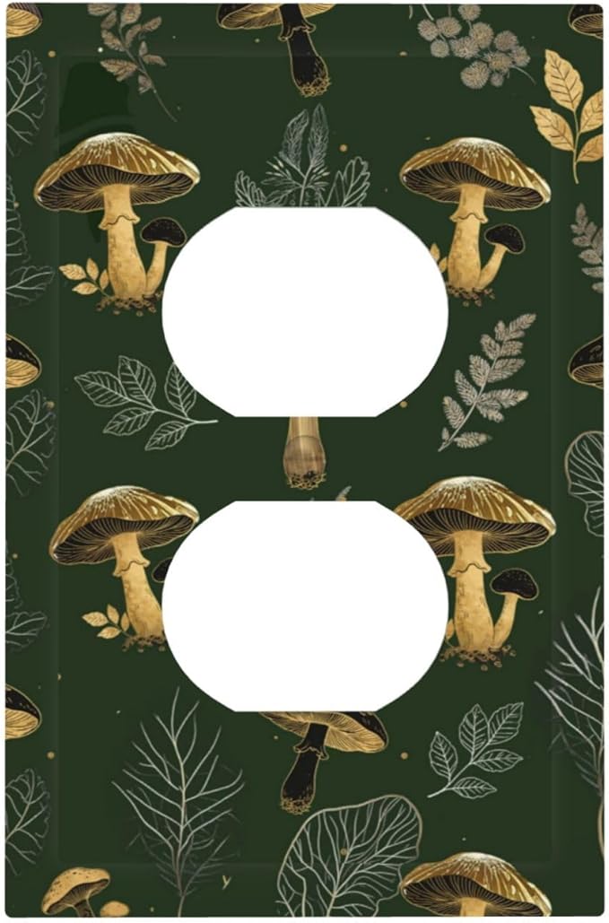 Decorative Outlet Covers Cute Gold Mushtroom Green Plant Leaf 1 Gang Duplex Light Switch Cover Plate Unique Wall Plates for Electrical Outlets Switch Plate Covers for Bedroom Decor
