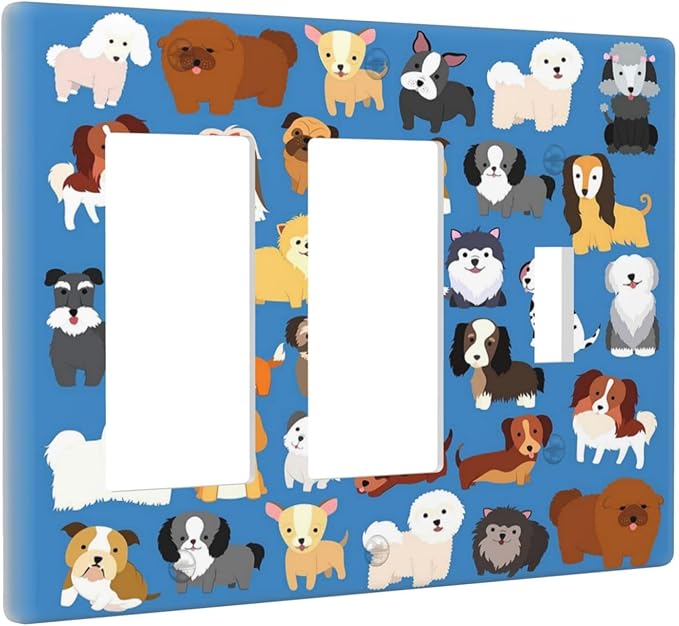 Cute Animal Dogs Puppy Decorative Outlet Cover 2 Rocker 1 Toggle Light Switch Plate Cover Electricity Receptacles Plates For Home Kitchen Living Bedroom 6.4 * 4.5