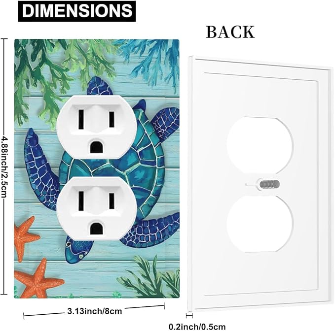 Coastal Sea Turtle Duplex Wall Plate - 1-Gang Standard US Size Mosaic Starfish Outlet Covers, Nautical Ocean Theme for Coastal Homes
