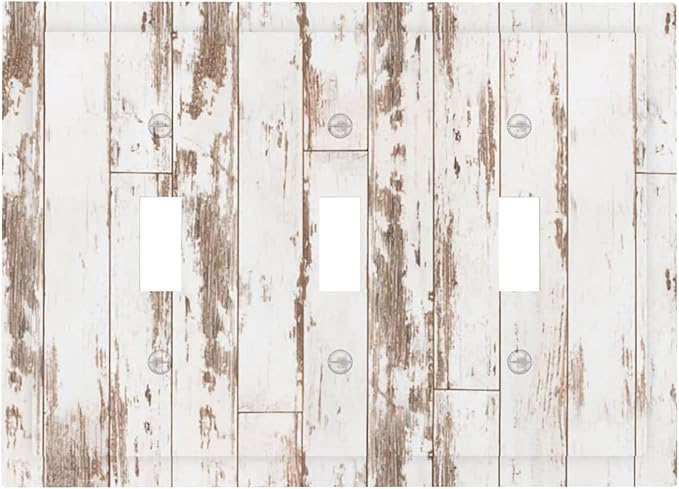 White Grey Wood 3 Gang Triple Toggle Light Switch Wall Plate Cover Decorative Electrical Faceplate for Rustic Barn Door Home Living Room Decorate 6.7" x 4.8
