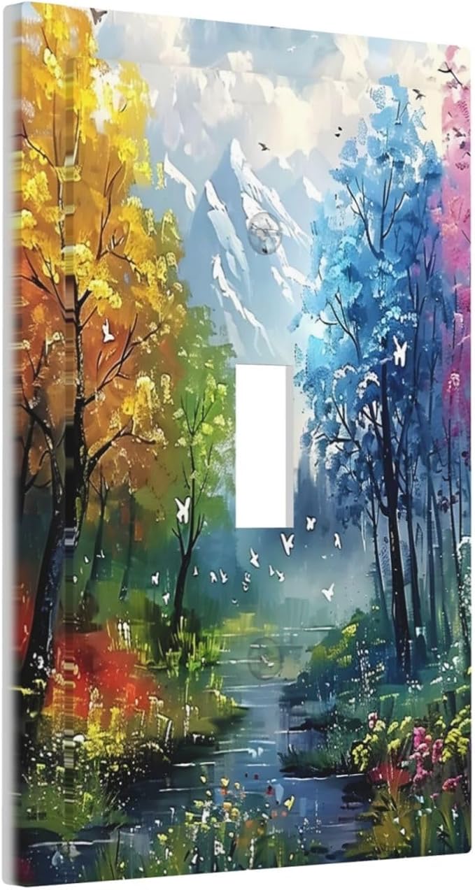 Colorful Forest Snow Mountain River Oil Painting Style Decorative Light Switch Cover 1 Gang Single Toggle Device Electrical Faceplate Switchplates Decorator Outlet Wall Plate for Bedroom Living Room