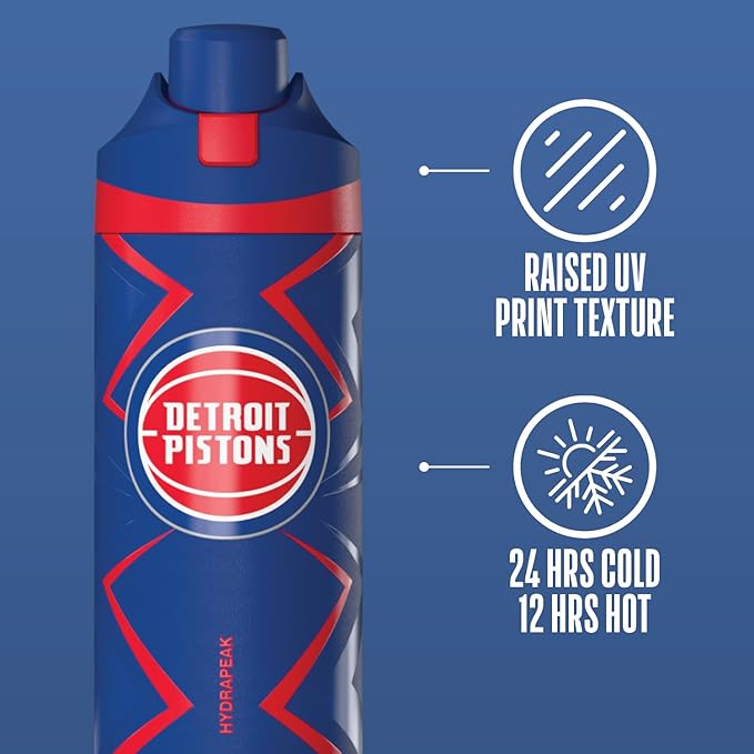 Hydrapeak x NBA Officially Licensed Detroit Pistons Oasis 20 oz Insulated Kids Water Bottle, Stainless Steel Water Bottle Kids with Chug Lid, Push Button