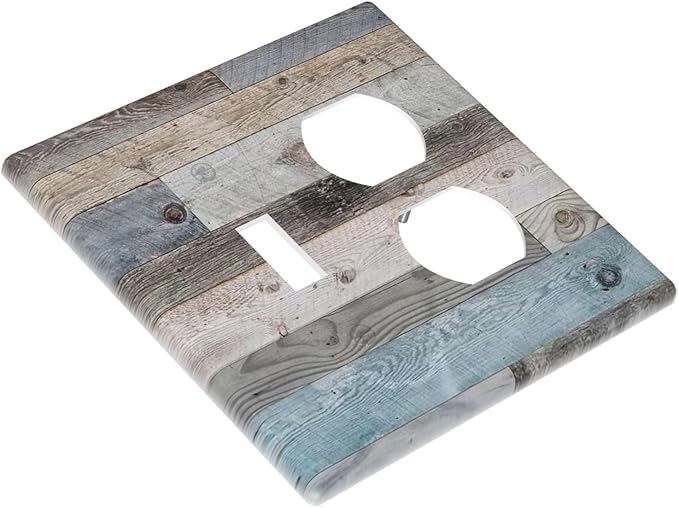 2-Gang 1-Toggle 1-Duplex Combination Wall Plate Vintage Rustic Western Kitchen Country Style Teal Blue Wooden Wood Plank Two Combo Double Device Toggle/Outlet Receptacle Light Switch Face Plate Cover