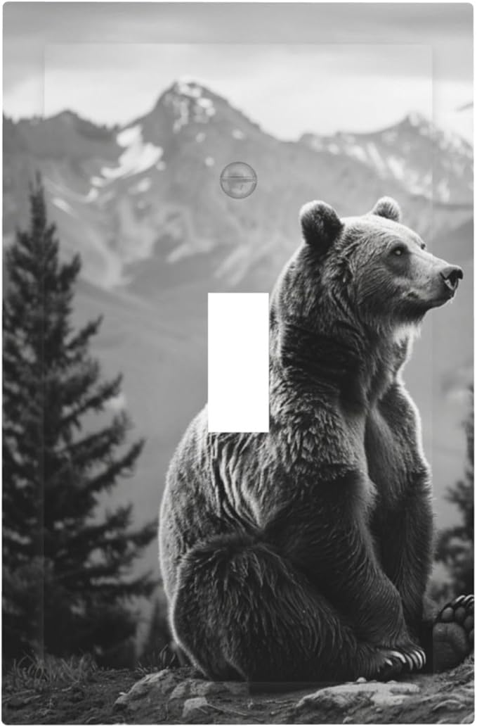 Light Switch Cover Plate Black White Bear Mountain Pine Trees Wilderness 1 Gang Single Toggle Decorative Switch Plates Wall Plates Electrical Faceplate for Bathroom Bedroom Decor