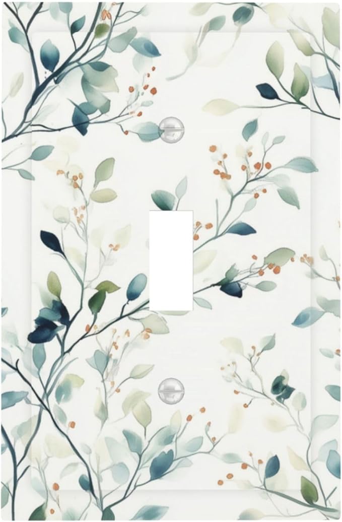 Watercolor Floral Green Leaves 1 Gang Light Switch Cover Single Toggle Wall Plate Green Botanical Flowers Decorative Electrical Switchplate Covers for Bedroom Kitchen Living Room Decor