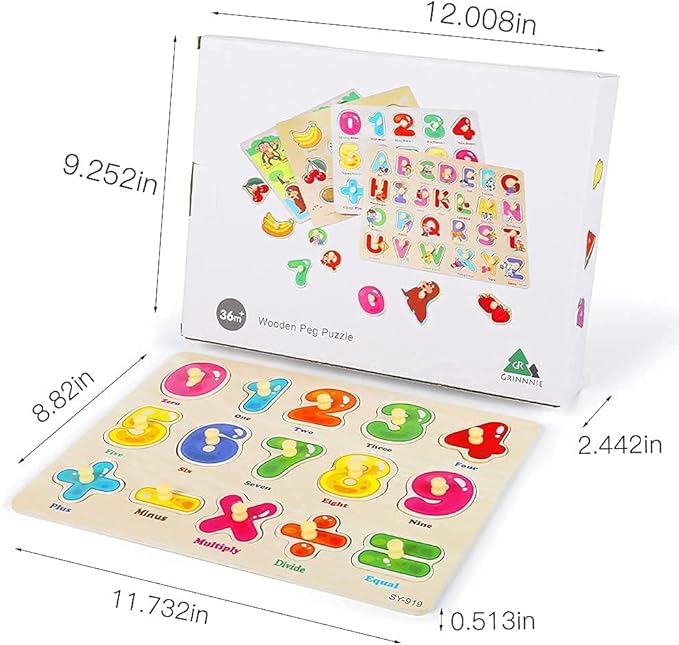 GRINNNIE Wooden Peg Puzzle for Toddlers 3 4 5 Years Old, 4 PCS Montessori Educational Learning Puzzles Set-Numbers, Letters, Animals and Fruits, Great Preschool Gifts for Girls and Boys