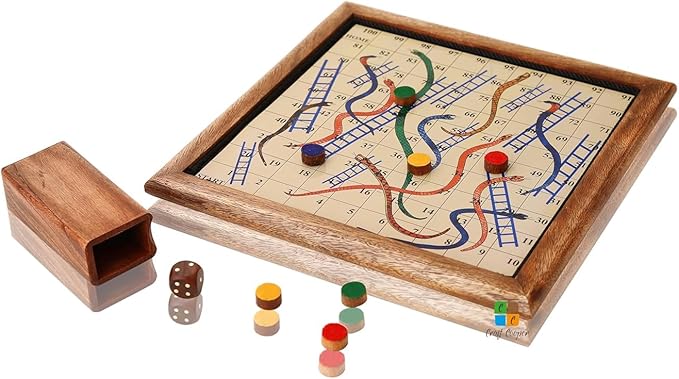 10 Inch Wooden 2-in-1 Ludo & Snakes Board Game, Reversible Travel Set with Storage Bag & Organizer Box (All-in-One Storage)