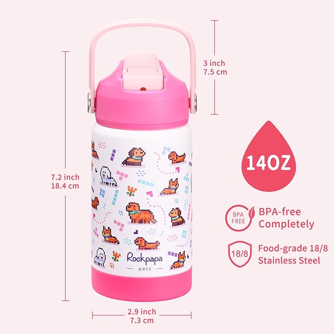 rockpapa 14 oz Kids Insulated Water Bottle，Stainless Steel Toddler Cups with Straws, BPA Free, Leak-Proof, Kids Water Bottle for School Boys& Girls (White Pets Dog)