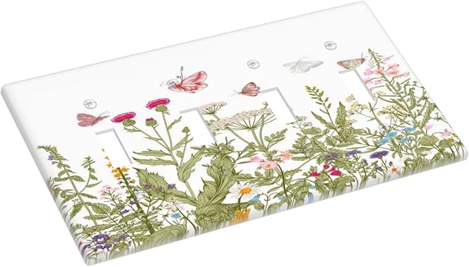Colorful Butterfly Floral Plants Flower Vine Light Switch Covers Quad Toggle Electrical Faceplate 4 Gang Wall Plate Decorative Switch Plates for Bed Room Living Room Decor