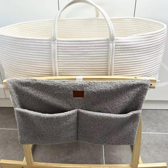 Adm&Eve Bedside Diaper Caddy - Teddy Material With 2 Compartments for Baby Carrier, Crib, Stroller & Changing Table, Hanging Storage Organizer (Grey)