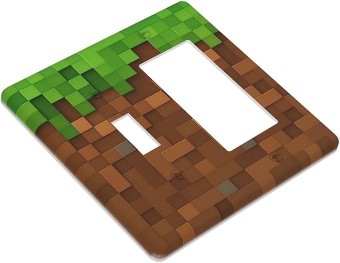 Pixel Style Gamer Themed Grass Block Outlet Covers 1 Toggle 1 Rocker Combination Decorative Wall Plate Electrical Switch Plates Light Switch Cover Plate for Kids Room Office Home Decor