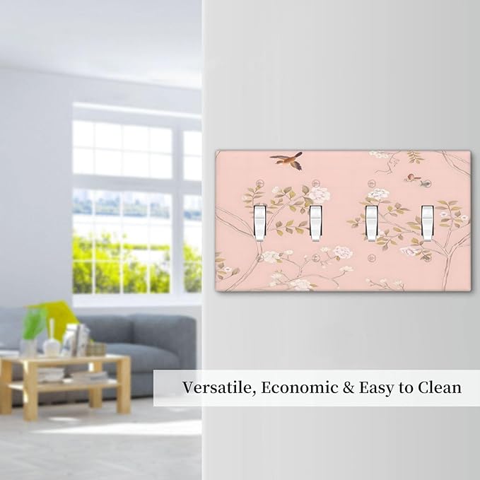 Pink Background Flowers Bird Butterflies Floral Light Switch Covers Quad Toggle Electrical Faceplate 4 Gang Wall Plate Decorative Switch Plates Cover for Bedroom Living Room Decor