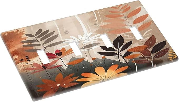 Boho Minimalist Vintage Wildflowers Plant Floral Art Watercolor Light Switch Covers Quad Toggle 4 Gang Wall Plate Decorative Switch Plates Electrical Faceplate for Bedroom Living Room Decor
