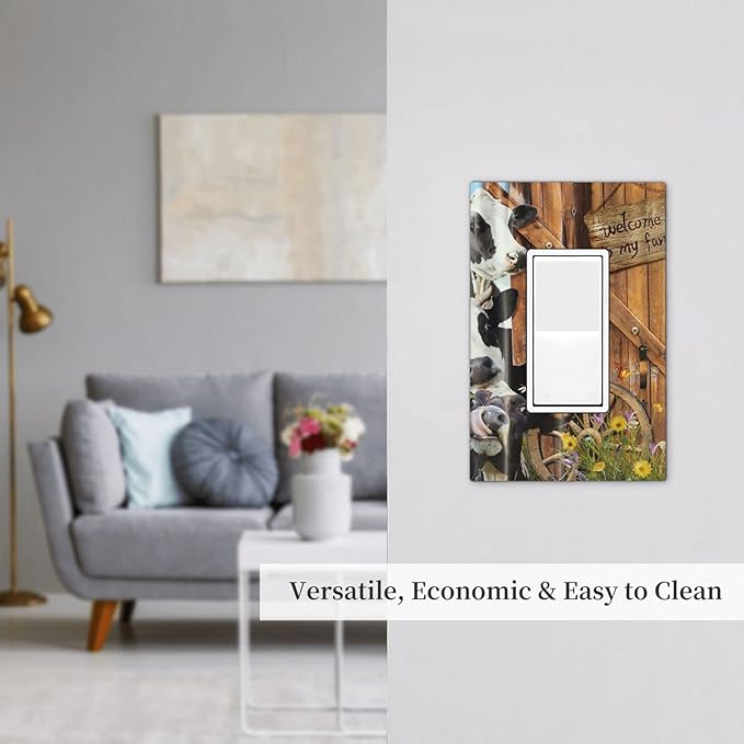Decorative Switch Plate Covers Farm Cow Farmhouse Barn Door Rustic Vintage Wooden 1 Gang Single Decora GFCI Device Light Switch Cover Country Wildlife Funny 1 Rocker Outlet Wall Plate Faceplate