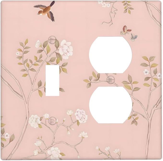 Pink Background Flowers Bird Butterflies Floral Wallplates 1 Toggle 1 Duplex Switch Plate Electrical GFCI Faceplate Decorative Light Switch Covers for Bedroom Living Room Decor