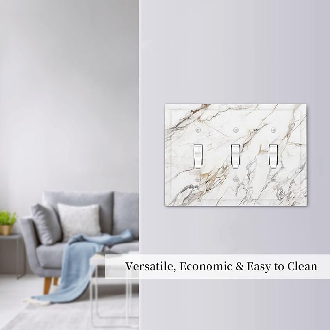 Light Switch Cover Plate White Brown Marble Abstract Modern Luxury 3 Gang Triple Toggle Decorative Switch Plates Wall Plates Electrical Switchplate Faceplate for Bathroom Kitchen Decor