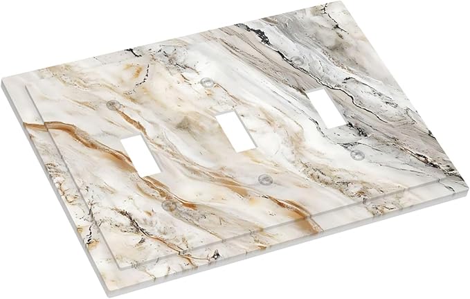 Matte Beige Gold Marble Granite Abstract Print Decorative Switch Plates 3 Gang Wall Plate Triple Toggle Light Switch Cover Faceplate Electrical Wall Panels for Bathroom Kitchen Decor