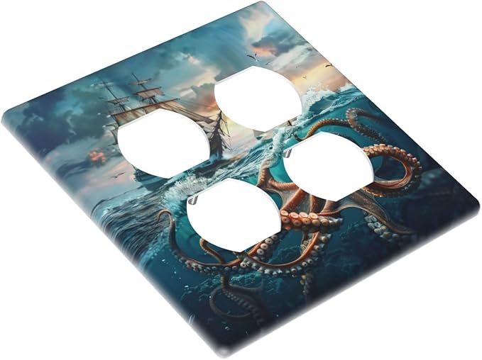 Decorative Outlet Covers Sailboat Ship Octopus Ocean Sea Waves 2 Gang Decorative Switch Plate Double Duplex Wall Plates Switch Plates and Outlet Covers for Bathroom Bedroom Decor