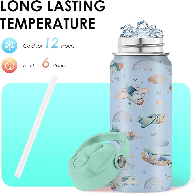 Airplane Gifts - 16oz Kids Blue Airplane Water Bottle with Straw Lid, Stainless Steel Insulated Tumbler, Leakproof, BPA-Free, for Boys, School, Travel - Helicopter Pilot Lovers Birthday Gift Cup (1pc)