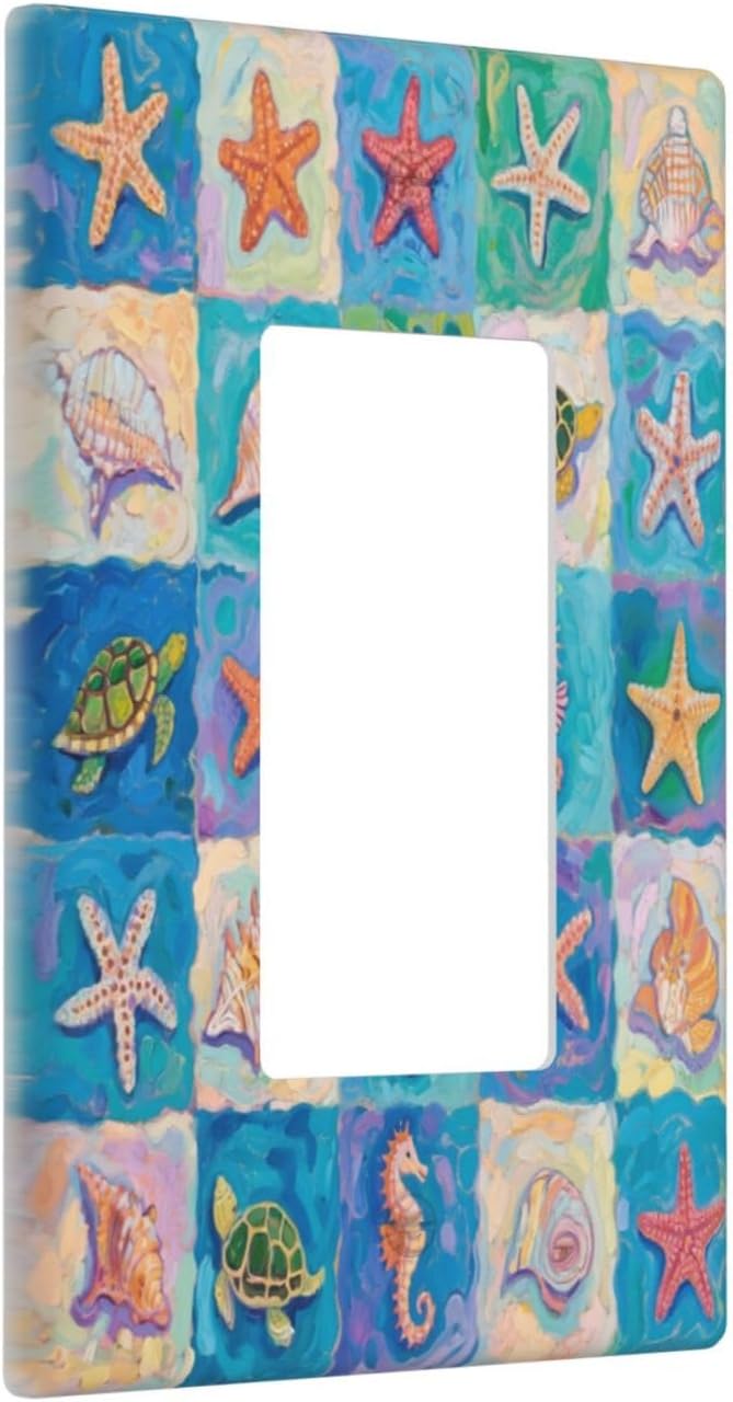 Sea Turtle Starfish Ocean Single Rocker Wall Plate Decorative 1 Gang Light Switch Covers Electrical Switchplate Home Decorate Faceplat for Bathroom Bedroom Kitchen Room 4.5 x 2.76 Inch