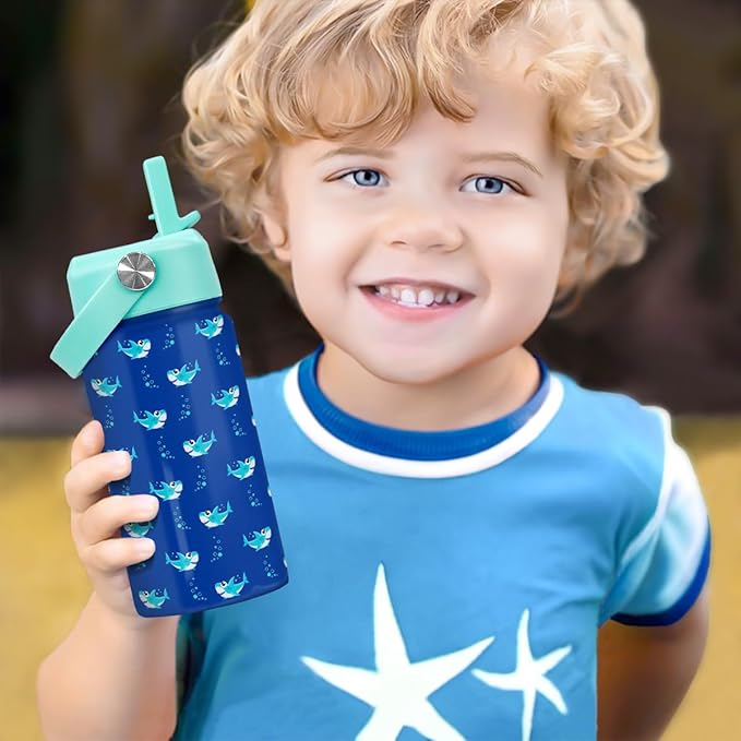 SANDJEST Shark Water Bottle - Kids Water Bottle with Straw Lid - 12 Oz Insulated Stainless Steel Water Bottles for Kid Boy- Travel Cup for School Sports