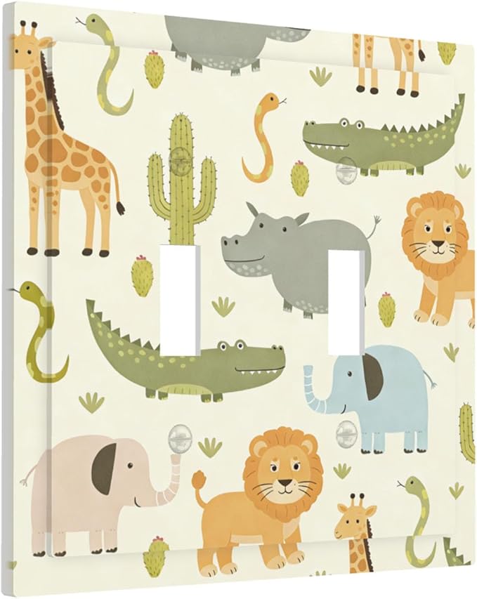African Safari Animals Double Toggle Switch Cover - 2-Gang Standard US Size Cute Hippo Crocodile Lion Elephant And Giraffe Funny Wildlife Light Switch Covers for Boys & Girls Room Decor