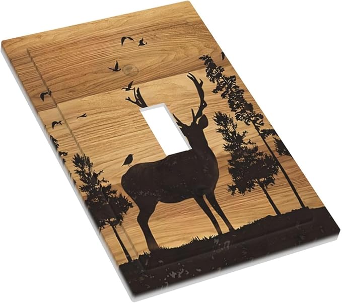 Elk Moose Forest Hunting Pyrography Art Wood Texture Print Decorative Light Switch Cover 1 Gang Single Toggle Device Electrical Faceplate Switchplates Decorator Outlet Wall Plate for Farmhouse Bedroom