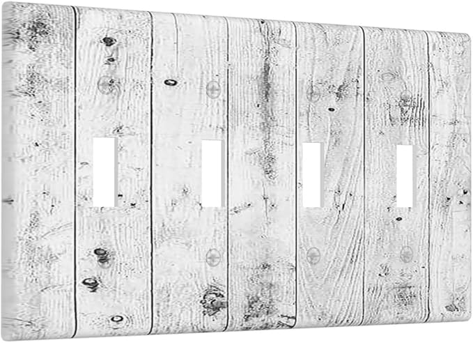 Light Switch Covers Rustic White Grey Wood Grain Quad Toggle 4 Gang Wall Plate Electrical Faceplate Decorative Switch Plates for Farmhouse Home Decor