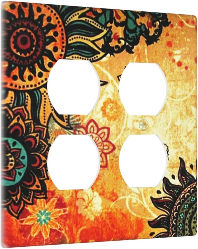 Art Red Boho Flower 2 Gang Double Duplex Combo Dual Device Outlet Cover, Burnt Orange Bohemian Flowered Mandala Floral Sunflower Two Gang Combination Receptacle Wall Plate Outlet Light Switch Covers