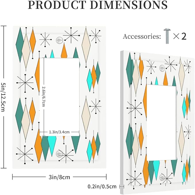 Modern Mid Century Geometric Abstract 1-Gang Decorator Rocker Outlet Light Switch Cover Retro Funny 1960S Diamond Atomic Art Decorative Single Device GFCI Receptacle Switch Wall Plate Dimmer Mid Size