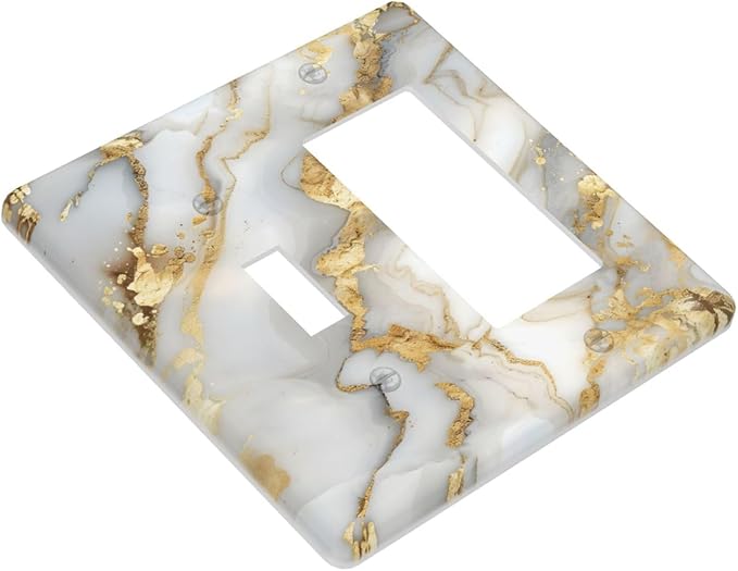 Luxurious White Gold Marble Patterns Abstract Outlet Covers 1 Toggle 1 Rocker Combination Decorative Wall Plate Electrical Switch Plates Light Switch Cover Plate for Bathroom Kitchen Decor