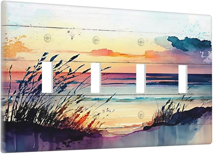 Light Switch Cover Sunset Beach Abstract Watercolor 4 Gang Switch Plate Quad Toggle Wall Plates Nature Coastal Decorative Switchplate Electrical Outlet Cover Plates for Bathroom Home Decor