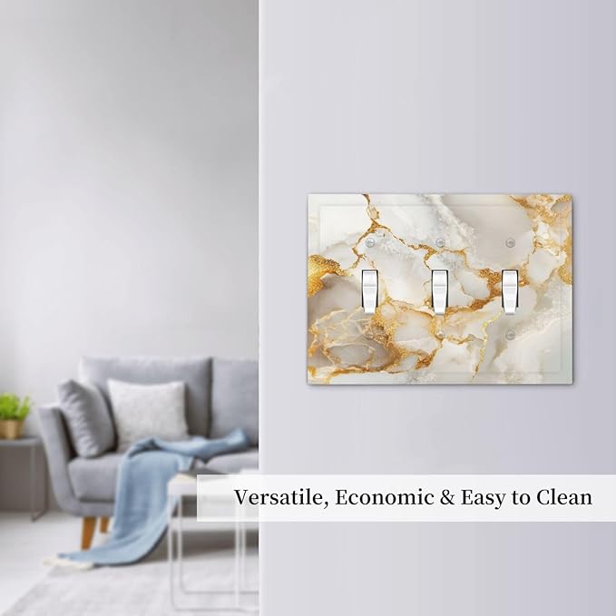 Gold Marble Crack Simple Abstract Print Decorative Switch Plates 3 Gang Wall Plate Triple Toggle Light Switch Cover Faceplate Electrical Wall Panels for Bathroom Kitchen Home Decor