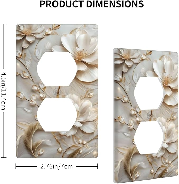 Decorative Art Light Switch Covers Elegant White and Gold Florals 1 Gang Single Duplex Outlet Wall Plate Switchplate Electrical Faceplate for Home Decor