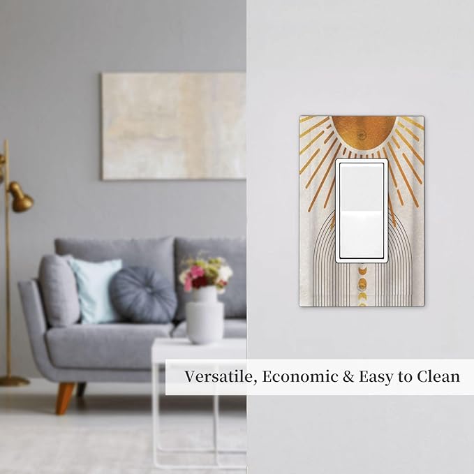 Mid Century Gold Sun Abstract Arch Boho Moon 1 Gang Rocker Light Switch Covers Decorative Unique Single Decora Outlet Wall Plate Faceplate Switchplate GFCI for Kitchen Bedroom Bathroom Decor