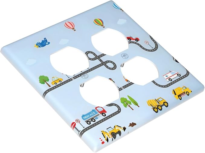 Road Construction Car Truck Hot Air Balloon Outlet Covers 2 Gang Double Duplex Decorative Light Switch Covers Electrical Wallplates Socket Faceplate for Nursery Kids Room Decor