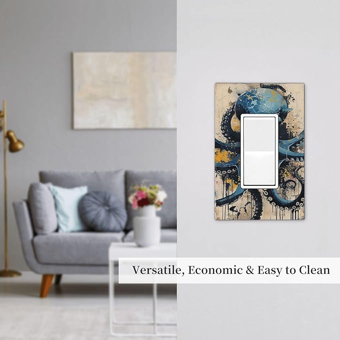 Decorative Outlet Covers Nautical Vintage Blue Octopus Yellow Eyes Oil Watercolor 1 Gang Single Rocker Light Switch Cover Plate Wall Plates GFCI Faceplate for Kids room Nursery Decor