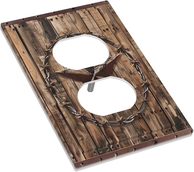 Outlet Covers Rustic Star Western Cowboy Wood 1 Gang Duplex Light Switch Cover Plate Decorative Wall Plates Electrical Switchplate Receptacle for Farmhouse Home Decor（2 Pack）