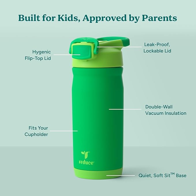 Reduce Hydrate Pro Kids 14oz Stainless Steel Insulated Water Bottle w/Straw – Spill Proof Tumbler for Kids – 30 Hour Cold Retention – Dishwasher Safe Leak-Proof Design - Clover Green