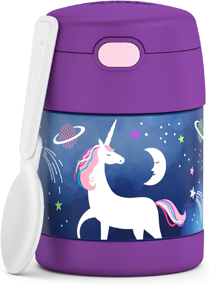 THERMOS FUNTAINER Insulated Food Jar, 10 Ounce, Kid Friendly Food Jar with Foldable Spoon, Space Unicorn