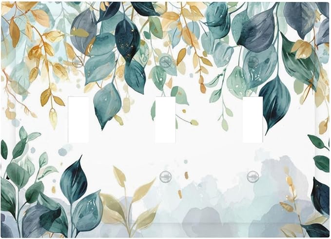 Boho Goldgreen Leaf Botanical Eucalyptus Leaves Decorative Switch Plates 3 Gang Wall Plate Triple Toggle Light Switch Cover Faceplate Electrical Wall Panels for Bedroom Living Room Decor
