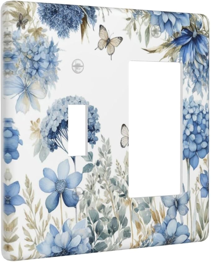 Decorative Outlet Covers Boho Blue Flowers Rustic Beige Butterfly Leaves 2 Gang 1 Gang Wall Plate Cover Single Toggle Rocker Combination Light Switch Plate Covers Jumbo Switch Cover