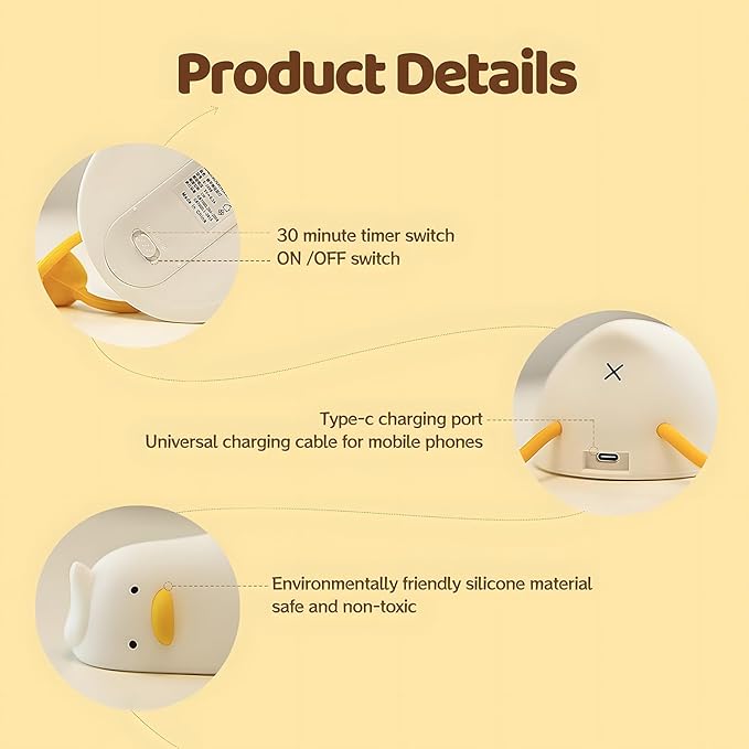 Rytinazzz Lying Cute Duck Lamp Night Light for Kids,Cute Room Decor Silicone Duck Lamp for Baby,Night Lights for Baby Nursery,3-Colors USB Rechargeable Gift for Kids Boys and Mothers Day Gifts