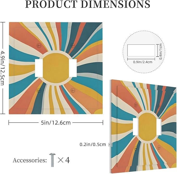 Decorative Switch Plate Cover with Retro Mid-Century Modern Sunburst Motif Design 2 Gang Wall Plate Unique Double Toggle Double Light Switch Covers for Abstract Teal/Yellow/Orange Wall Decor