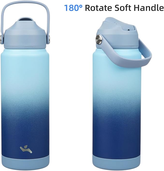 Konokyo Insulated Water Bottle with Straw Lid,24 oz Stainless Steel Vacuum Metal Bottle with Silicone Handle,Sky