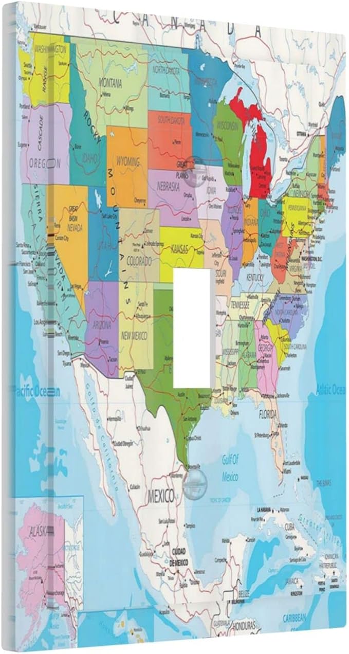 Educational Geography USA Cities Map White Earth Technology Colorful 1 Gang Light Switch Plate Decorative Single Toggle Wall Plate Cover Electrical Switchplate Faceplate Bathroom Bedroom Room Decorate