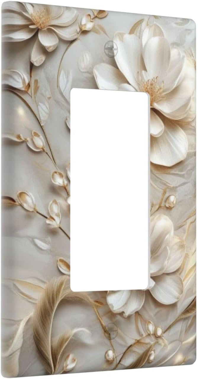 Decorative Art Light Switch Covers Elegant White and Gold Florals 1 Gang Rocker Outlet Wall Plate Switchplate Electrical Faceplate for Home Decor